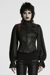 Black Stand Collar Long Puff Sleeves Faux Leather Stitching Women's Gothic Blouse